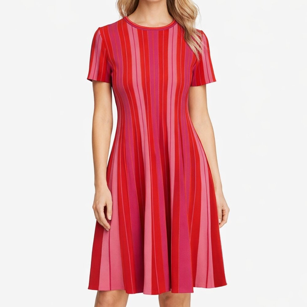 Carolina Herrera Pleated Knit Stripe Midi Dress Cayenne Multi Size M NWOT